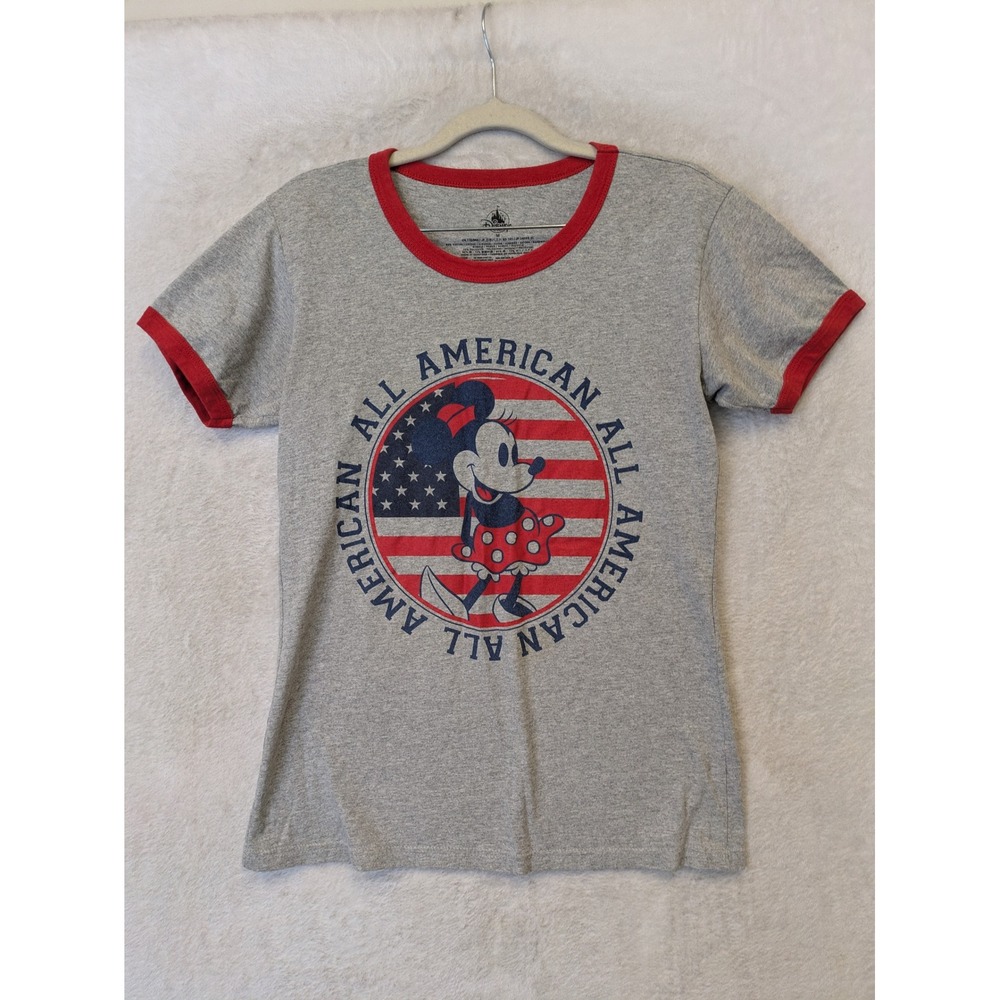 Disney T-Shirt Women's M Gray Minnie Mouse All American Patriotic Ringer Tee